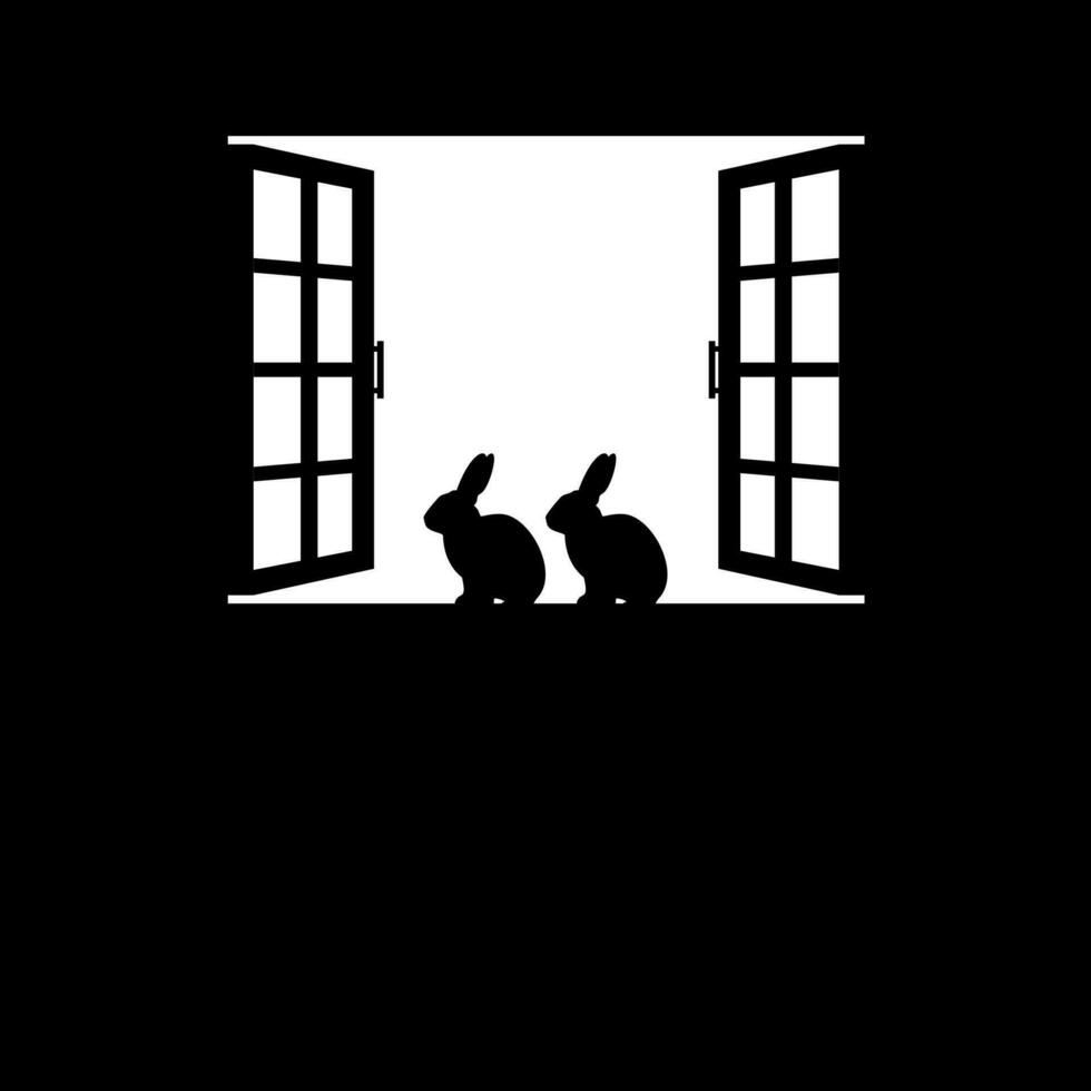 Pair of the Rabbit or Bunny on the Window Silhouette, for Background, Poster Art Illustration, or Graphic Design Element. Vector Illustration