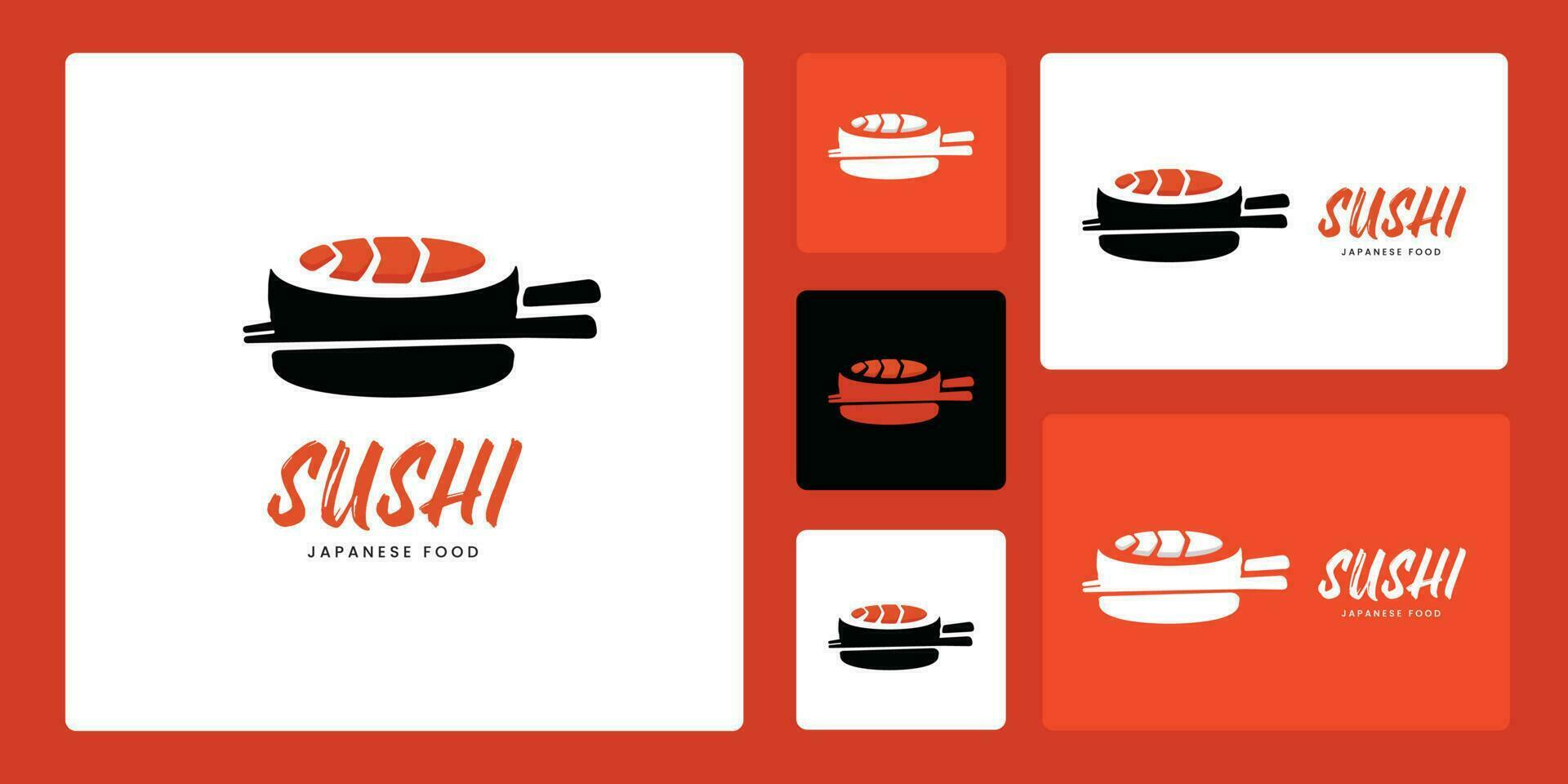 Set Sushi Logo Template For Japanese Food Restaurant With Red And Black Color Salmon Sushi Theme. Isolated on Pink Background. vector