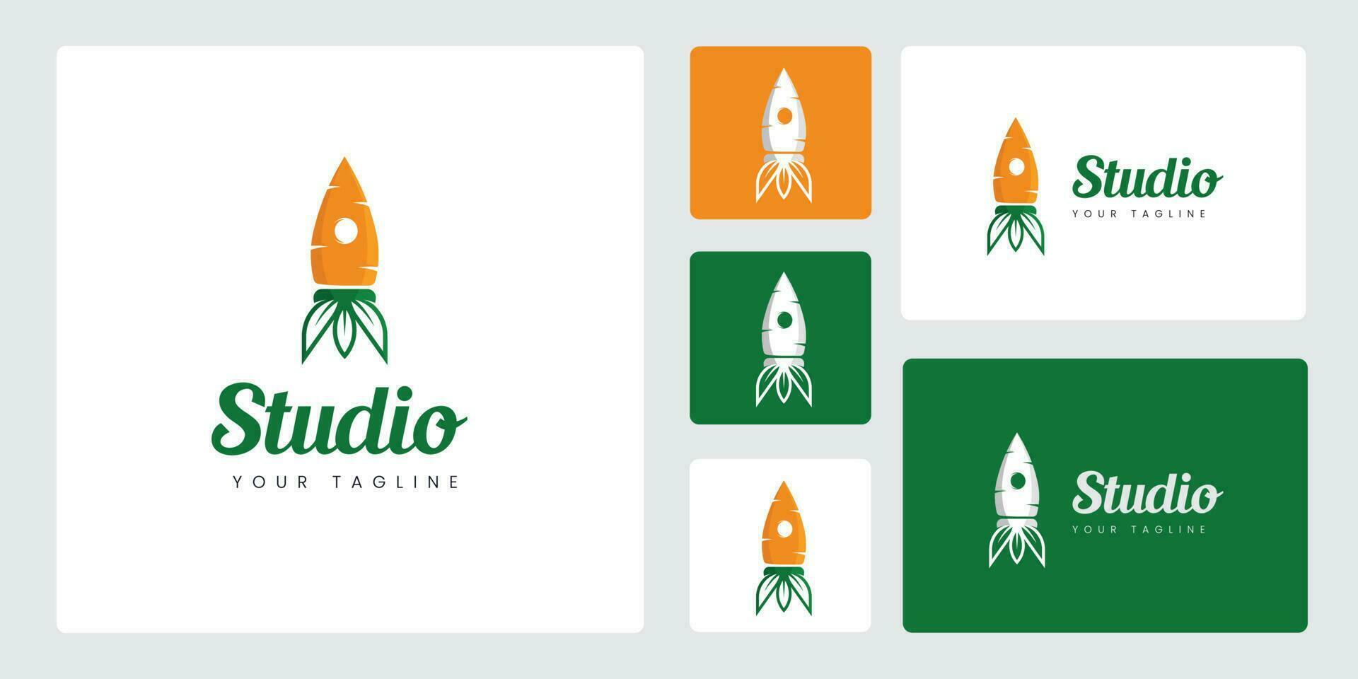 Rocket Carrot Logo Set, With Orange and Green Colors, Unique and Funny Logos. Suitable for company logos, brands, t-shirts, etc. vector