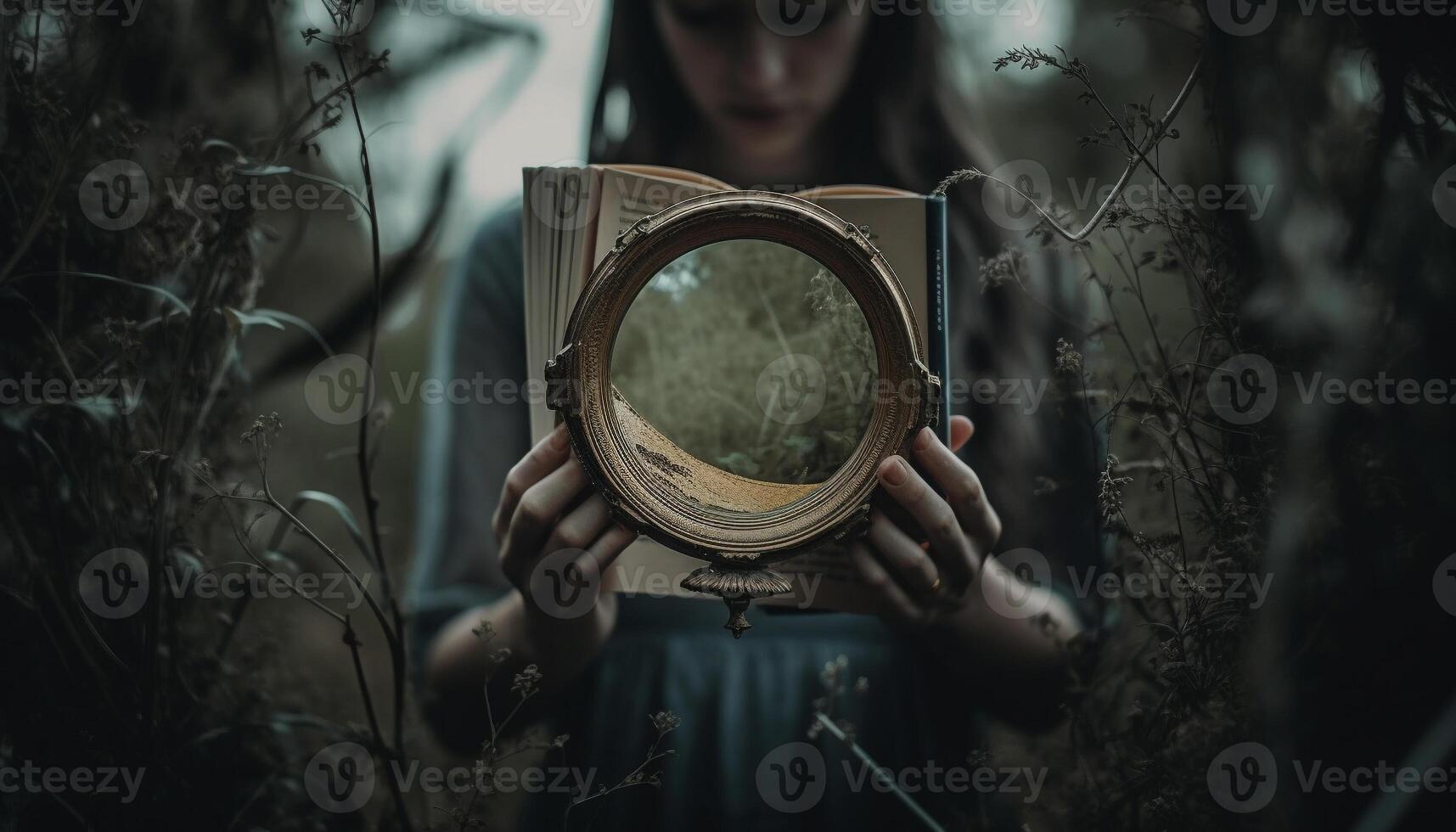 Young woman holding lens, searching for mystery generated by AI photo