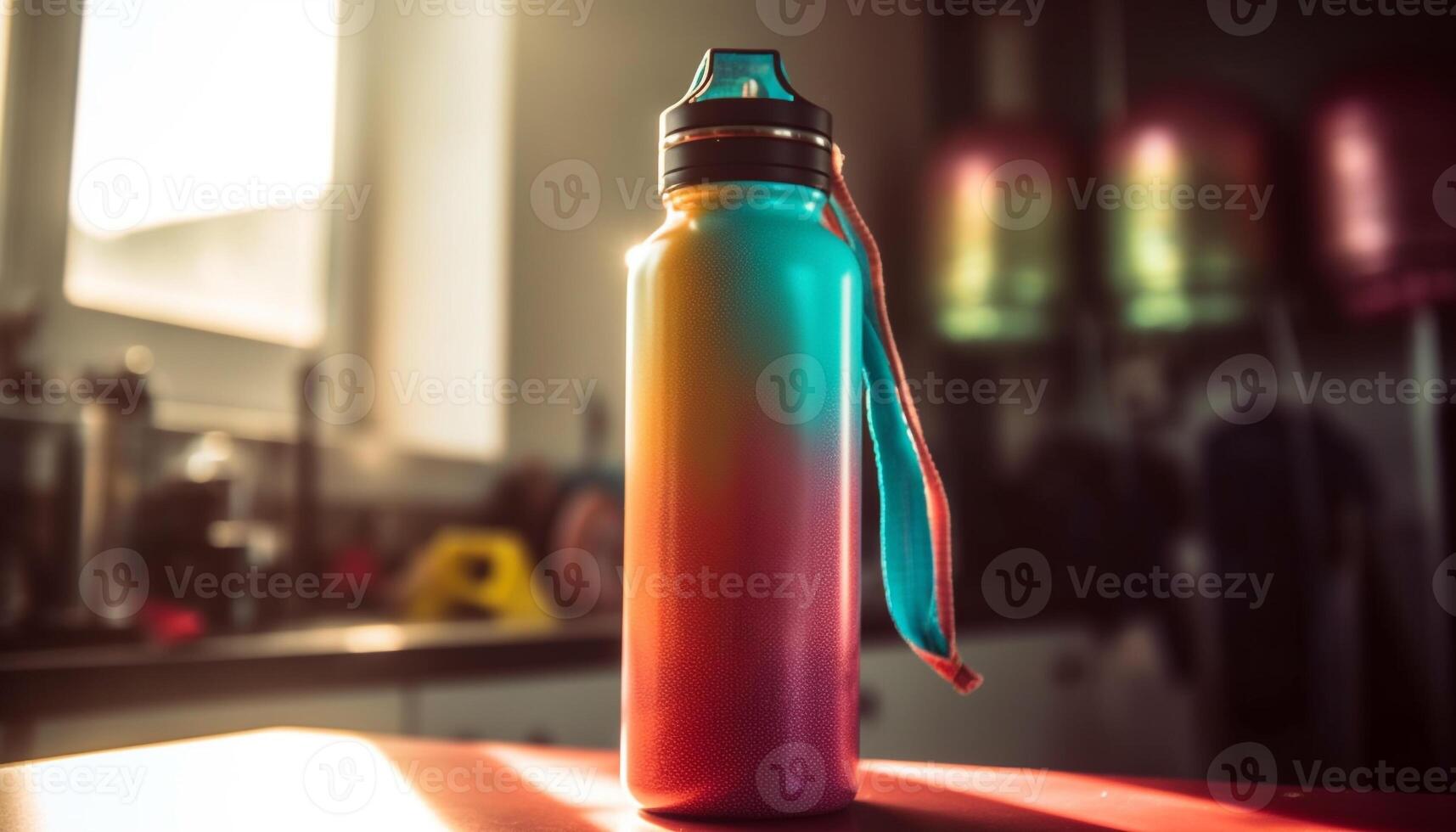 Fresco líquido en vaso botella en mesa adentro generado por ai foto