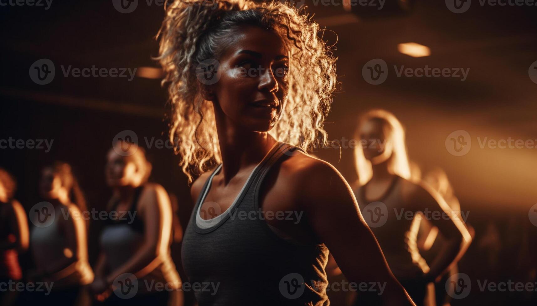 Young adults in sports clothing exercising indoors generated by AI photo