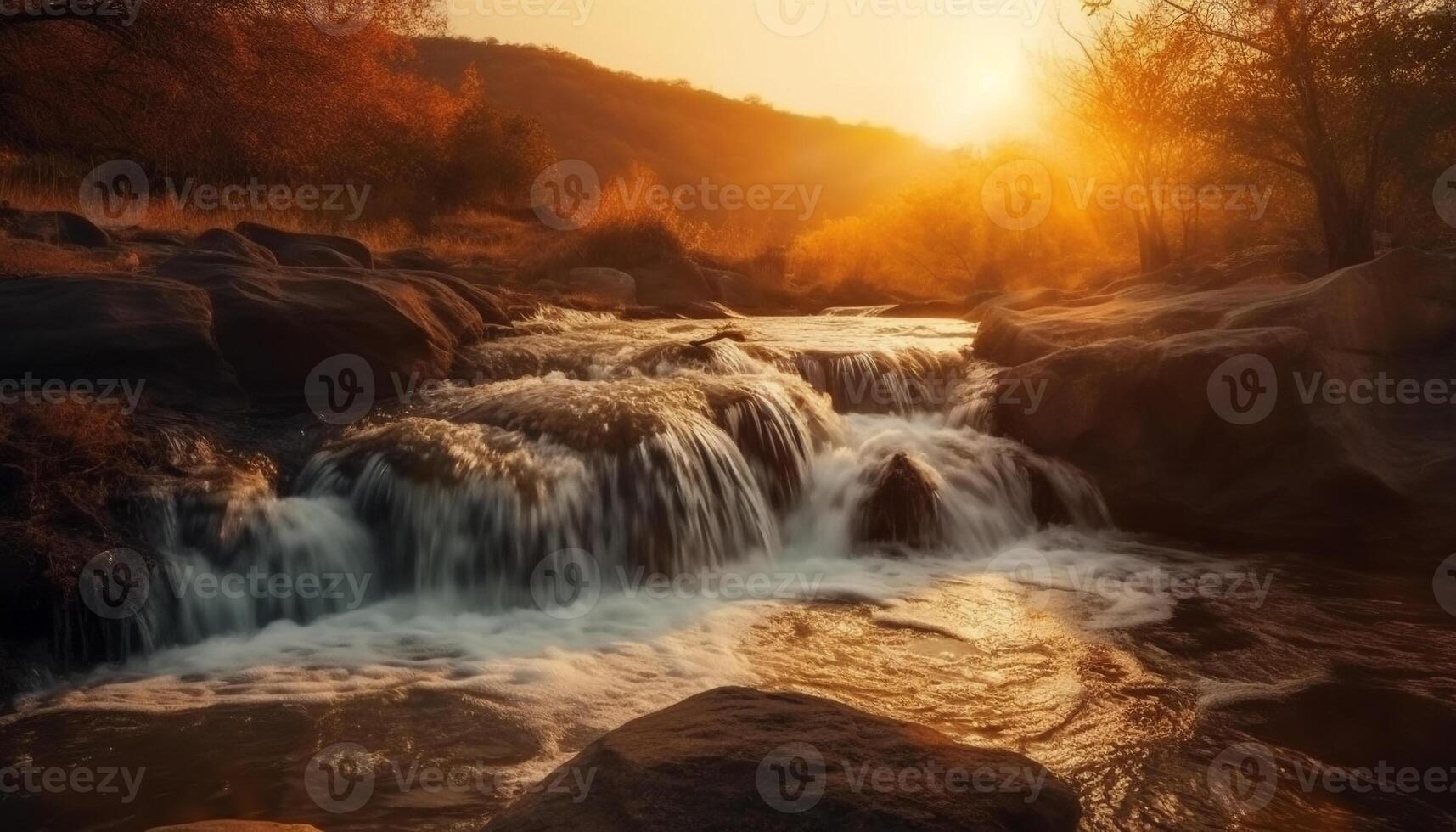 Tranquil sunset over flowing mountain waterfall beauty generated by AI photo