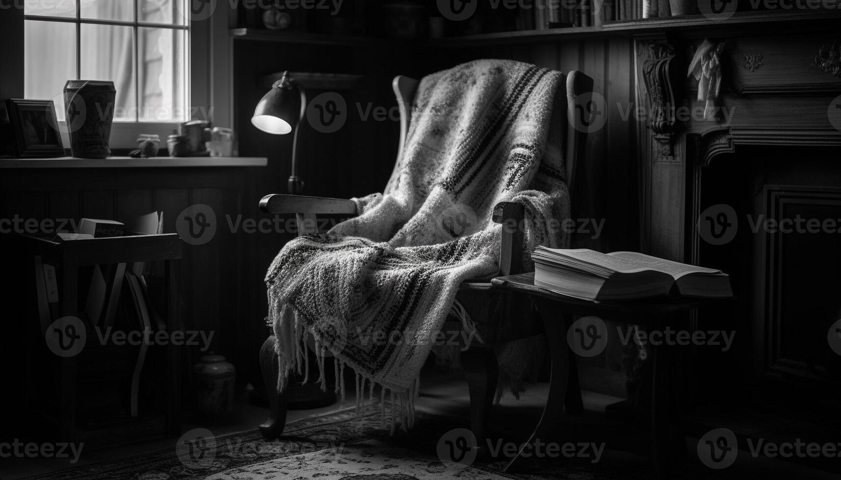 Comfortable armchair in old fashioned library with modern design generated by AI photo