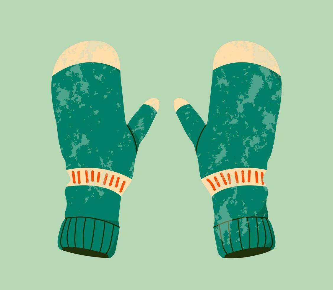 Mittens flat illustration. Winter gloves and winter holiday concept. Hand drawn flat textured holiday greeting card. Cute green mittens. Trendy illustration for print and web. vector