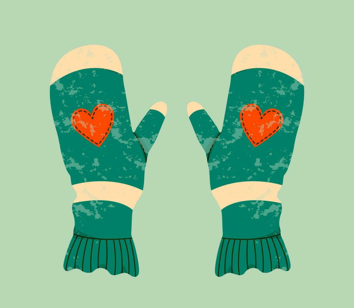 Mittens flat illustration with hearts. Winter gloves and winter holiday concept. Hand drawn flat textured holiday greeting card. Cute green mittens. Trendy illustration for print and web. vector