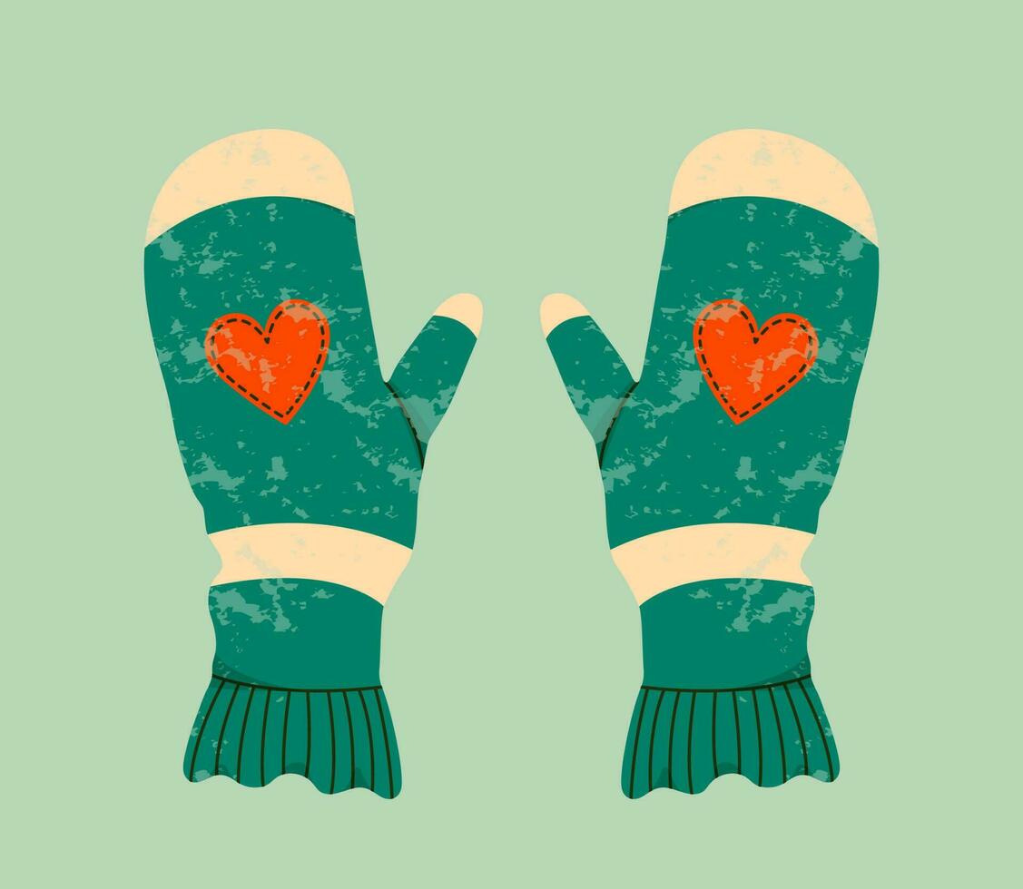 Mittens flat illustration with hearts. Winter gloves and winter holiday concept. Hand drawn flat textured holiday greeting card. Cute green mittens. Trendy illustration for print and web. vector