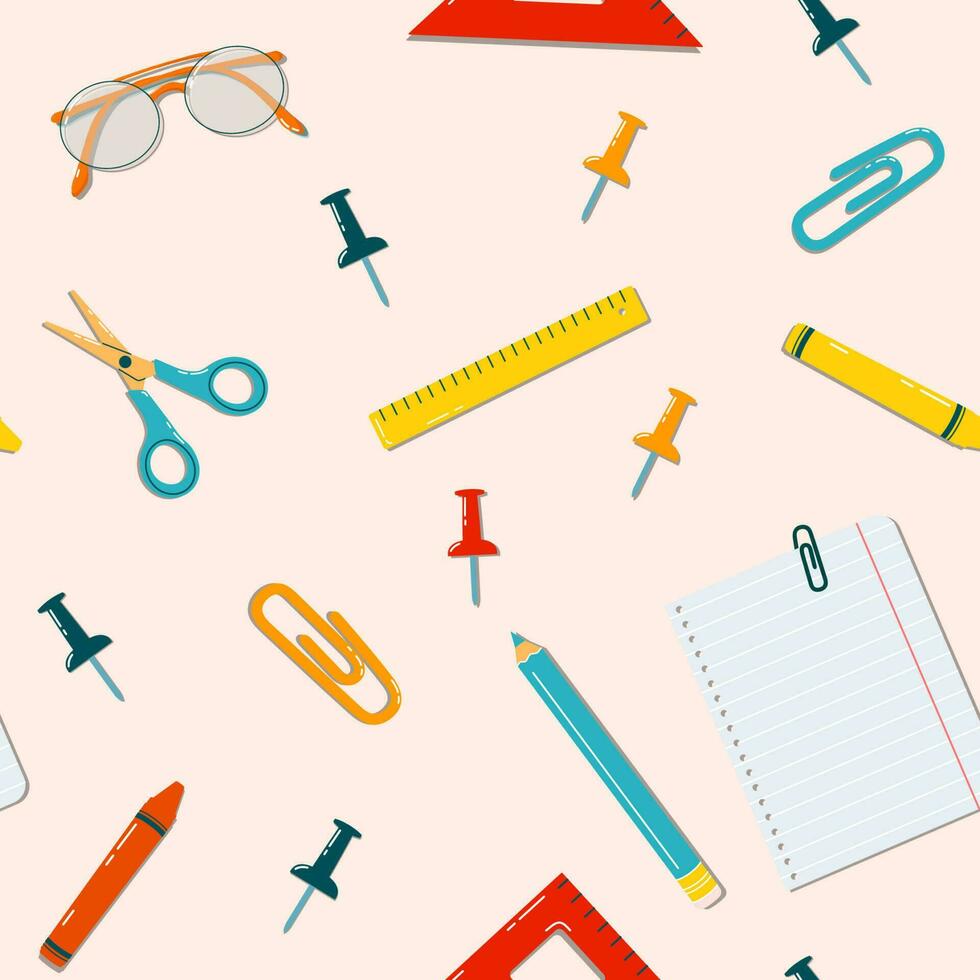 Back to school seamless pattern. Colorful doodle illustration with school supplies. Scissors, pins, clips, glasses, pencil, paper and ruler. Vector background