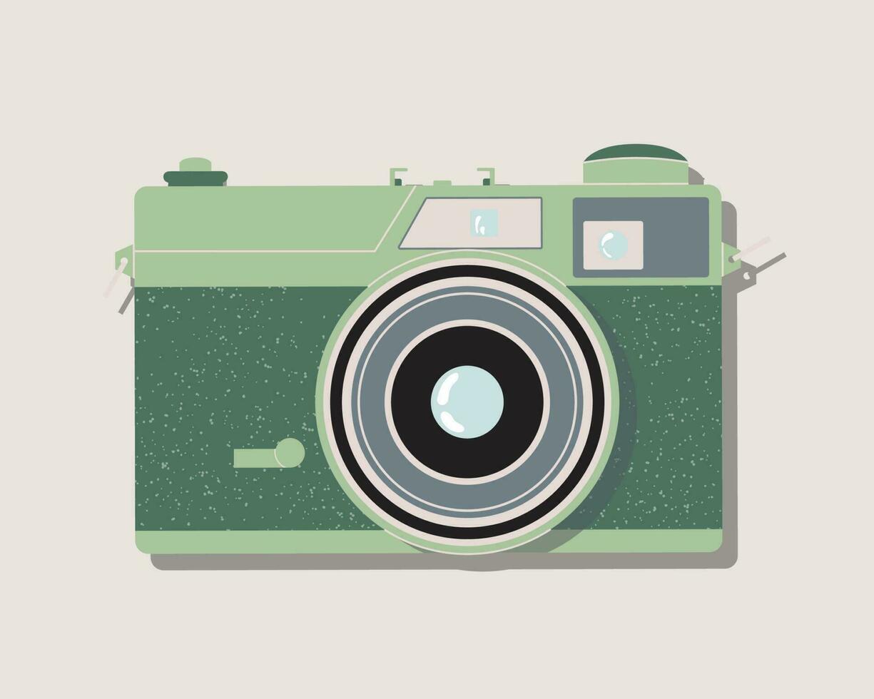 Film camera front view. Classic 35 mm photo camera isolated illustration. Hand drawn vector clip art for web and print. Trendy flat style illustration. Photography concept.