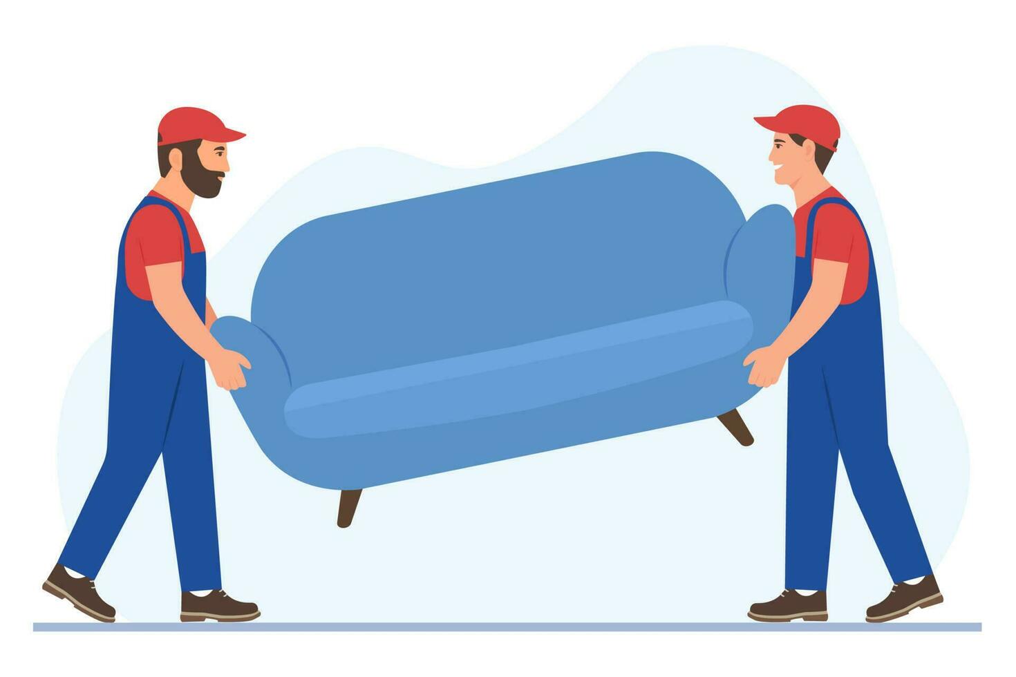 trabajadores vistiendo uniforme llevar mueble. dos porteadores llevar sofá entrega.aislada y reubicación Servicio concepto. vector ilustración