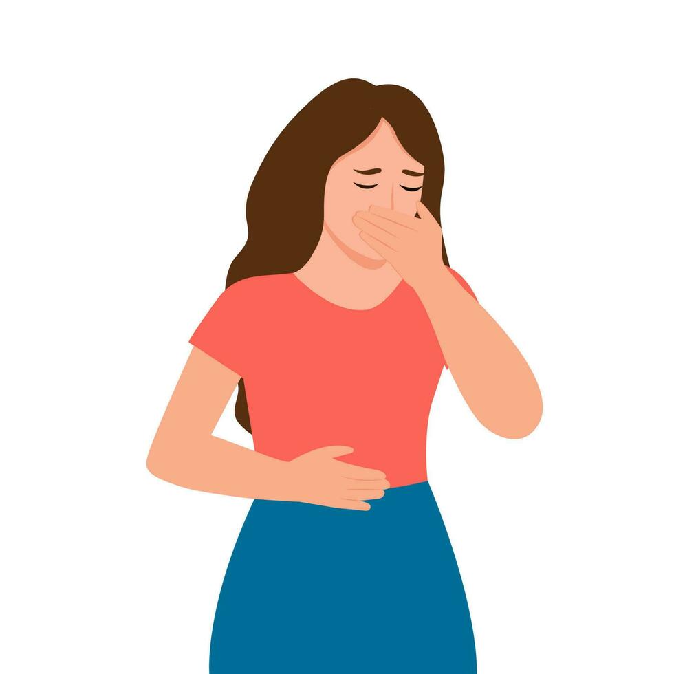 The woman suffers from nausea. Nausea during pregnancy, vomiting. Symptom of illness, health problems. Poisoning,Abdominal pain.Isolated flat vector illustration