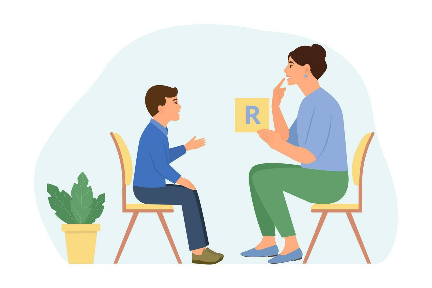 Speech therapy for preschool kid with therapist. Speech disorders in children.Proper articulation therapy for boy. Vector illustration.Isolated vector