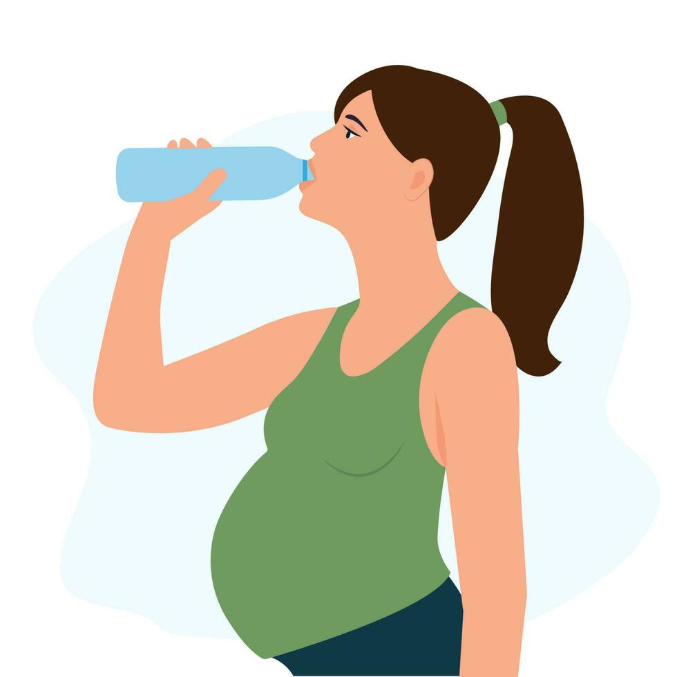 embarazada mujer bebidas agua desde un el plastico botella. aptitud y salud.quedarse hidratado. bienestar concepto. vector ilustración en plano estilo