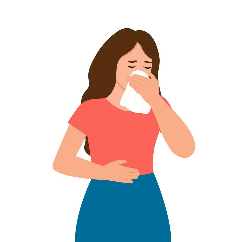 A woman sneezing in handkerchief. Virus prevention spread. Seasonal allergy.Vector illustration vector