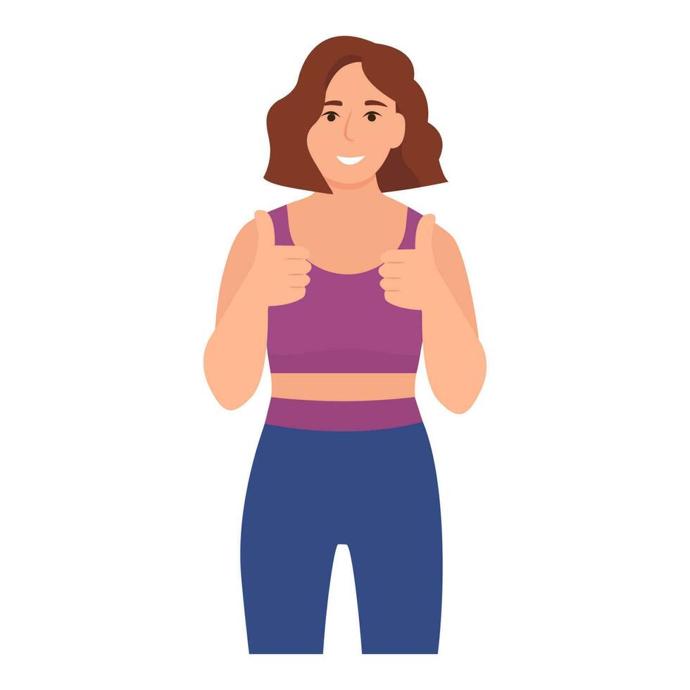 Sport woman showing thumb up gesture. Smiling girl in sportswear. Vector illustration isolated on white background