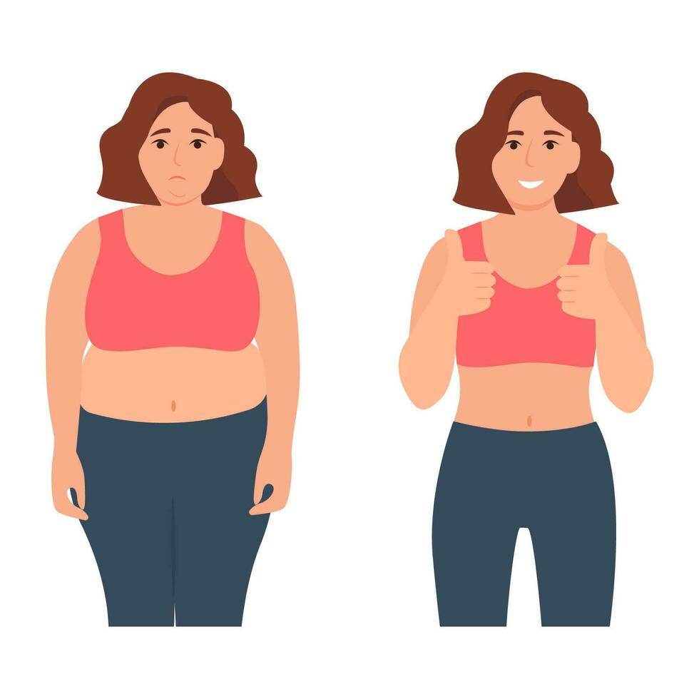 antes de y después peso pérdida. joven triste mujer con exceso de peso y mismo contento mujer con Delgado cuerpo. vector ilustración