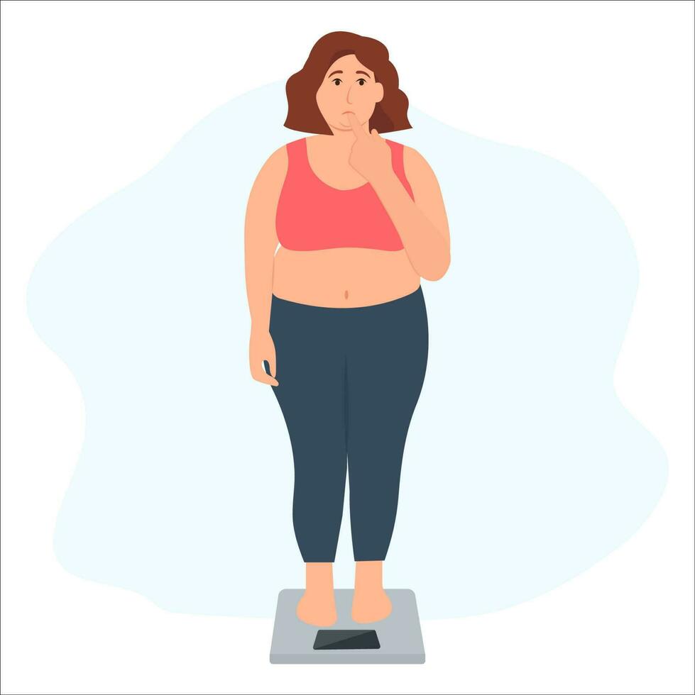 sad, overweight woman is standing on the scales. The concept of bad eating habits, gluttony, obesity and unhealthy eating. Vector illustration