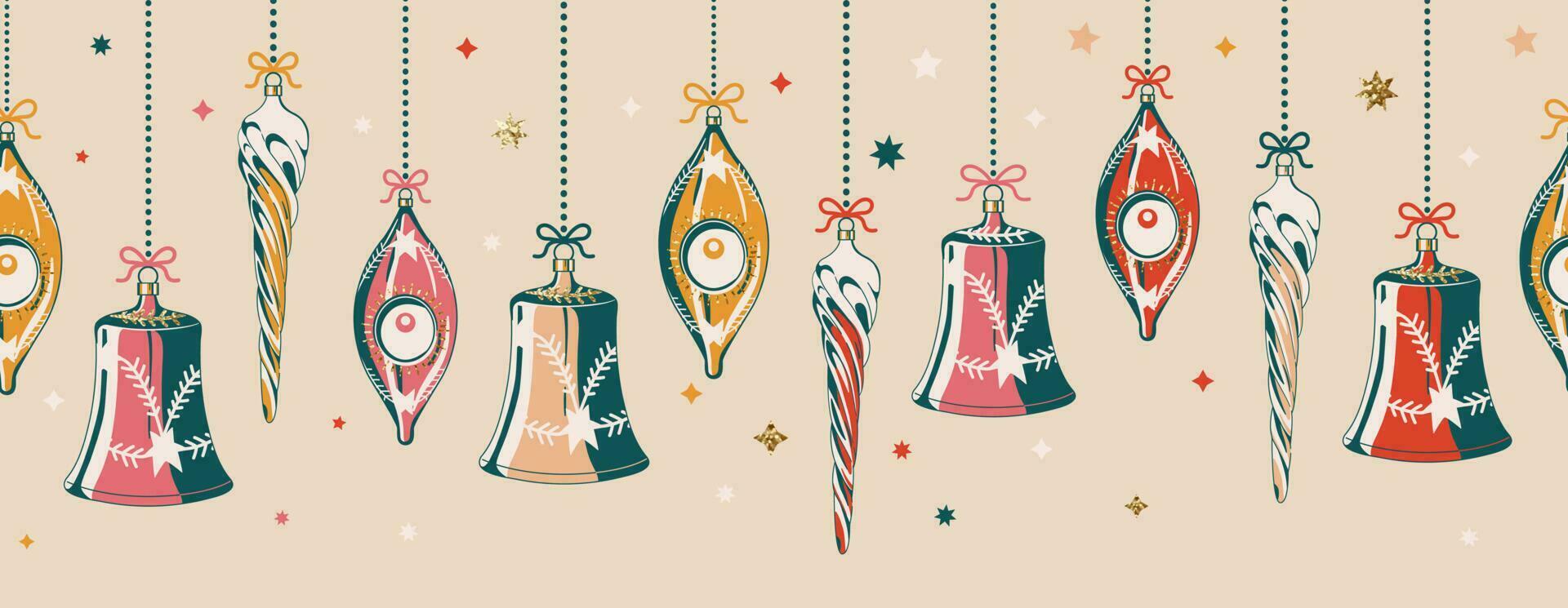 horizontal sin costura Navidad modelo en retro estilo. Navidad vistoso decoraciones, vector sin costura impresión modelo ilustración. envase papel, invitaciones, fondo de pantalla, tela.