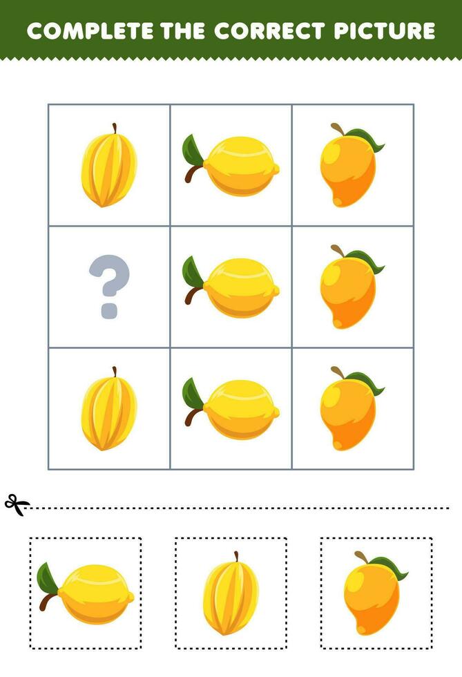 Education game for children to choose and complete the correct picture of a cute cartoon lemon star fruit or mango printable fruit worksheet vector