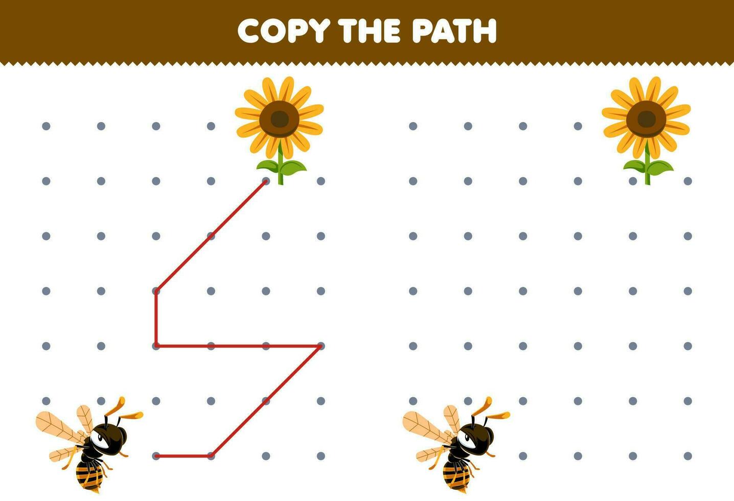 educación juego para niños Copiar el camino ayuda abeja moverse a el girasol imprimible error hoja de cálculo vector