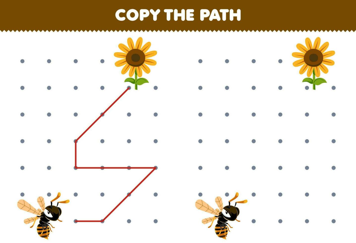 Education game for children copy the path help bee move to the sunflower printable bug worksheet vector
