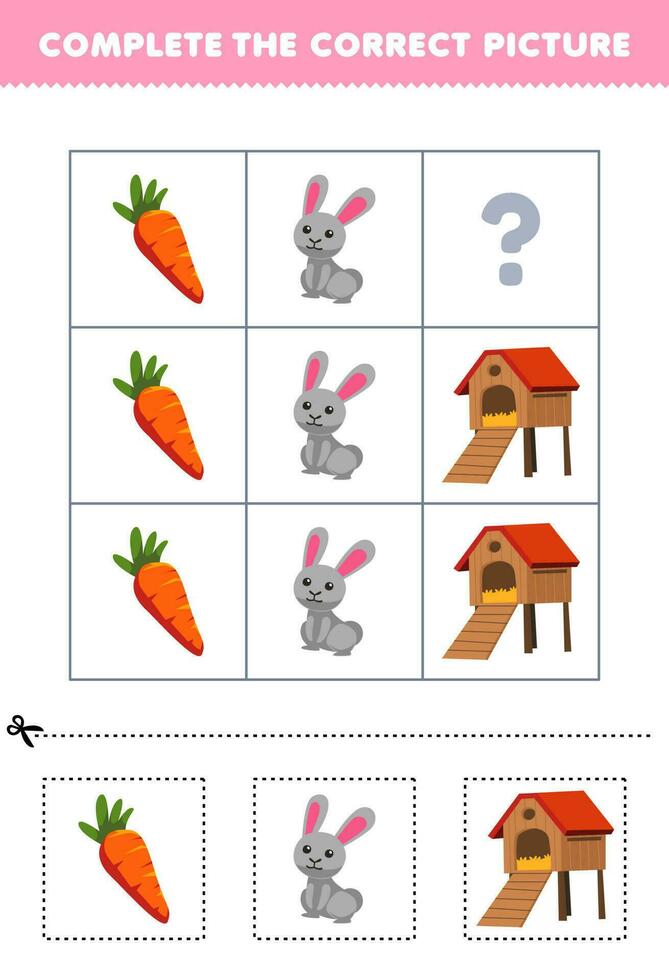 educación juego para niños a escoger y completar el correcto imagen de un linda dibujos animados Zanahoria Conejo o conejera imprimible granja hoja de cálculo vector