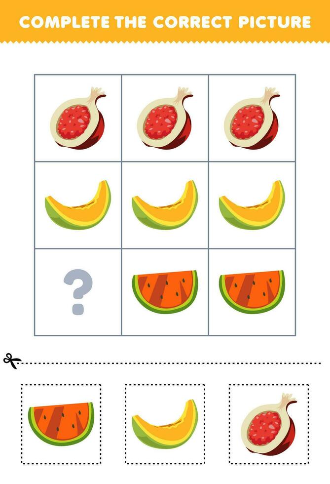 Education game for children to choose and complete the correct picture of a cute cartoon watermelon melon or pomegranate printable fruit worksheet vector