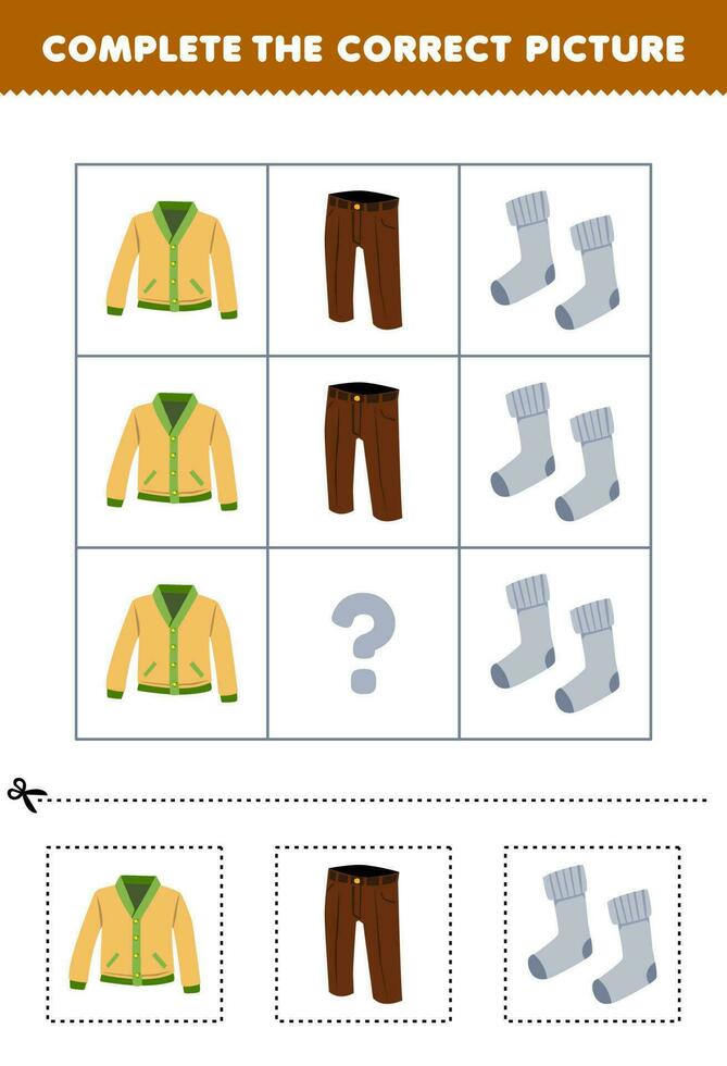Education game for children to choose and complete the correct picture of a cute cartoon cardigan trouser or socks printable wearable worksheet vector