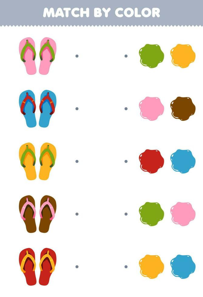 Education game for children match by color of cute cartoon slipper printable wearable clothes worksheet vector