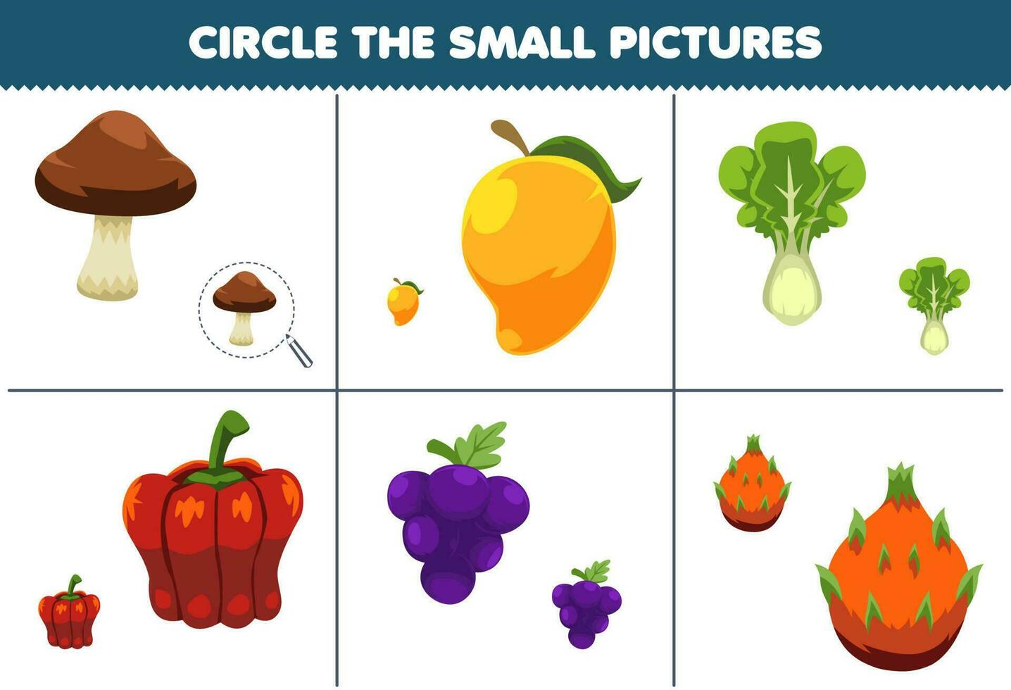 educación juego para niños circulo el pequeño imagen de linda dibujos animados seta mango lechuga pimenton uva continuar Fruta imprimible hoja de cálculo vector