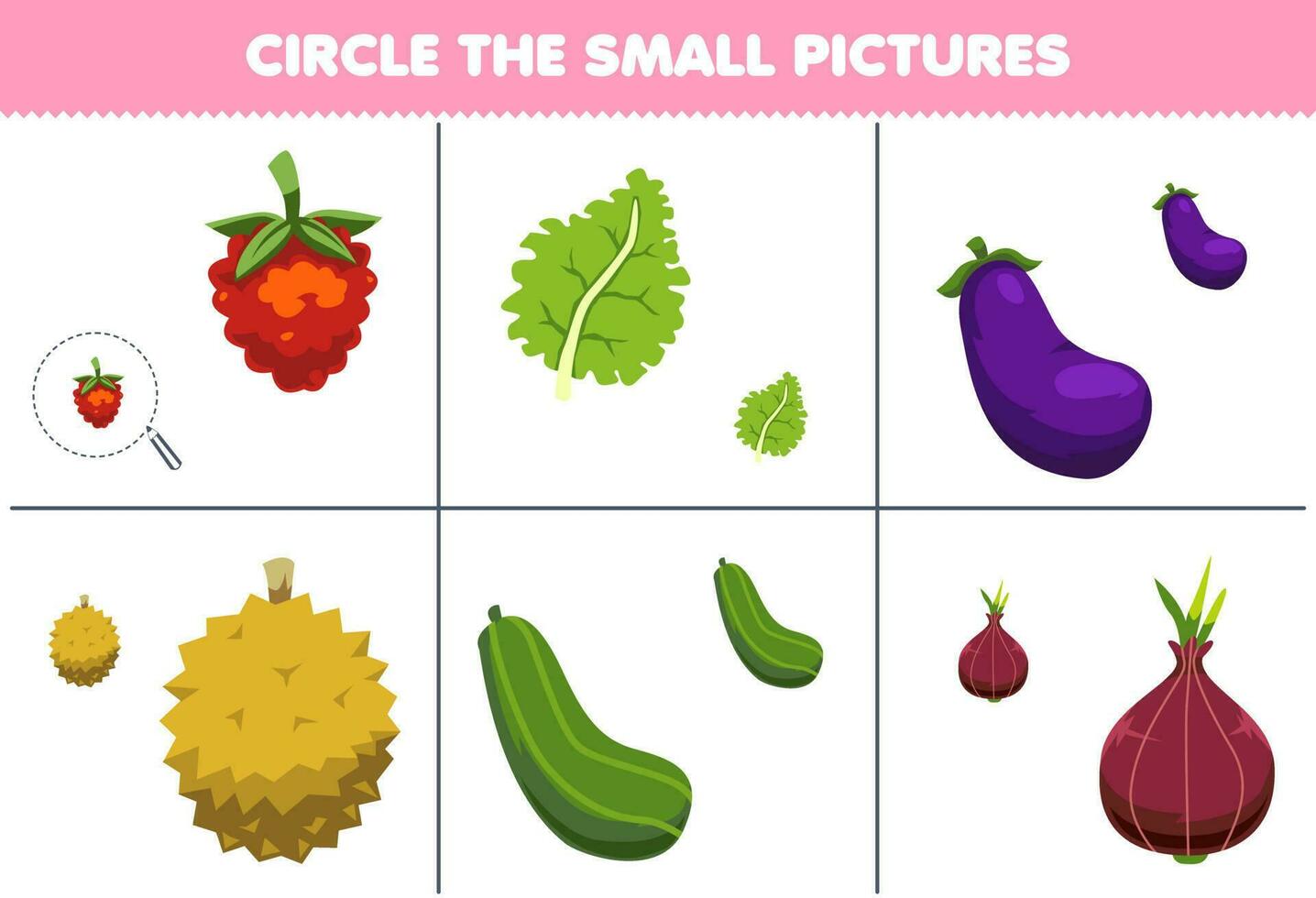 Education game for children circle the small picture of cute cartoon raspberry kale eggplant durian cucumber shallot printable worksheet vector