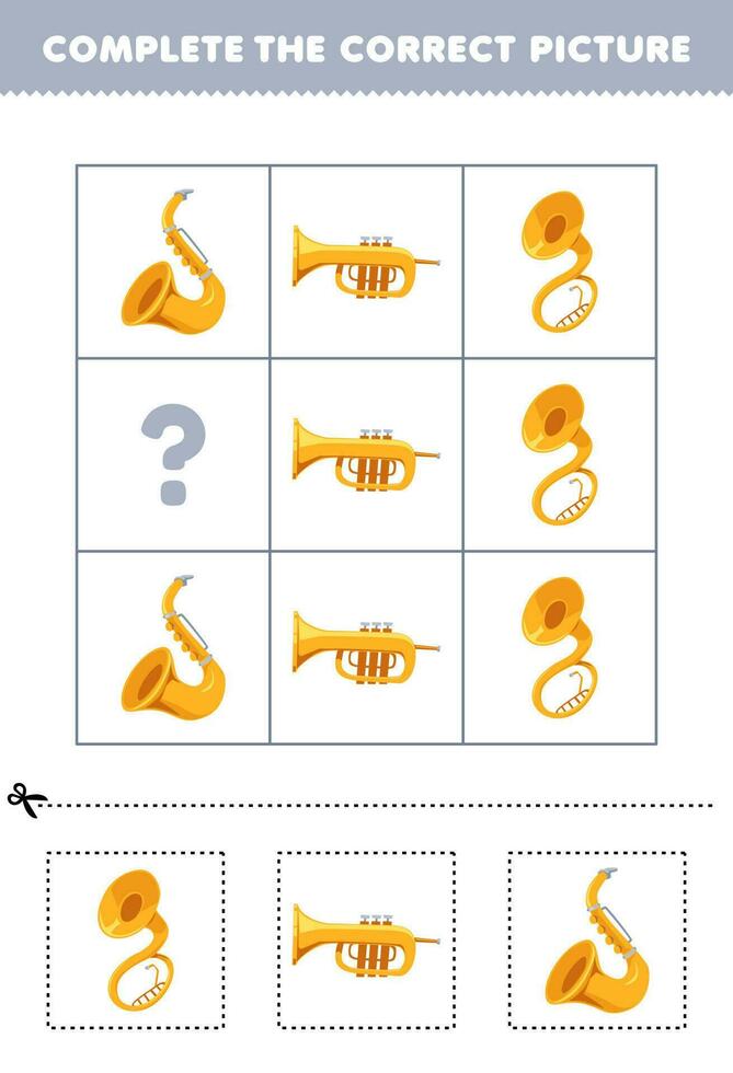 educación juego para niños a escoger y completar el correcto imagen de un linda dibujos animados sousaphone saxofón o trompeta imprimible música hoja de cálculo vector