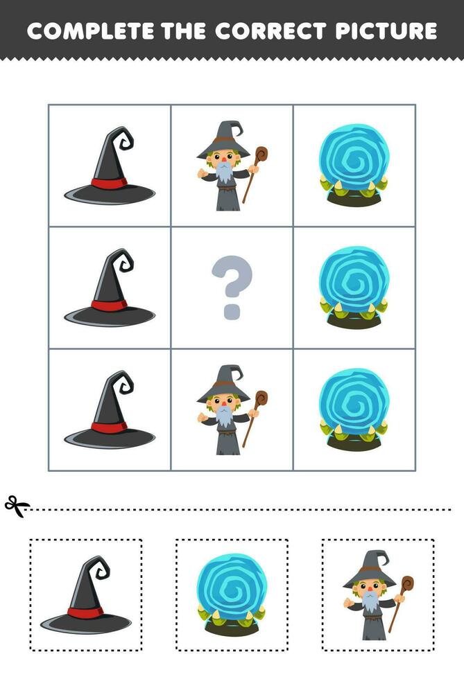 Education game for children to choose and complete the correct picture of a  cute cartoon magic book witch or cauldron printable halloween worksheet  24611639 Vector Art at Vecteezy