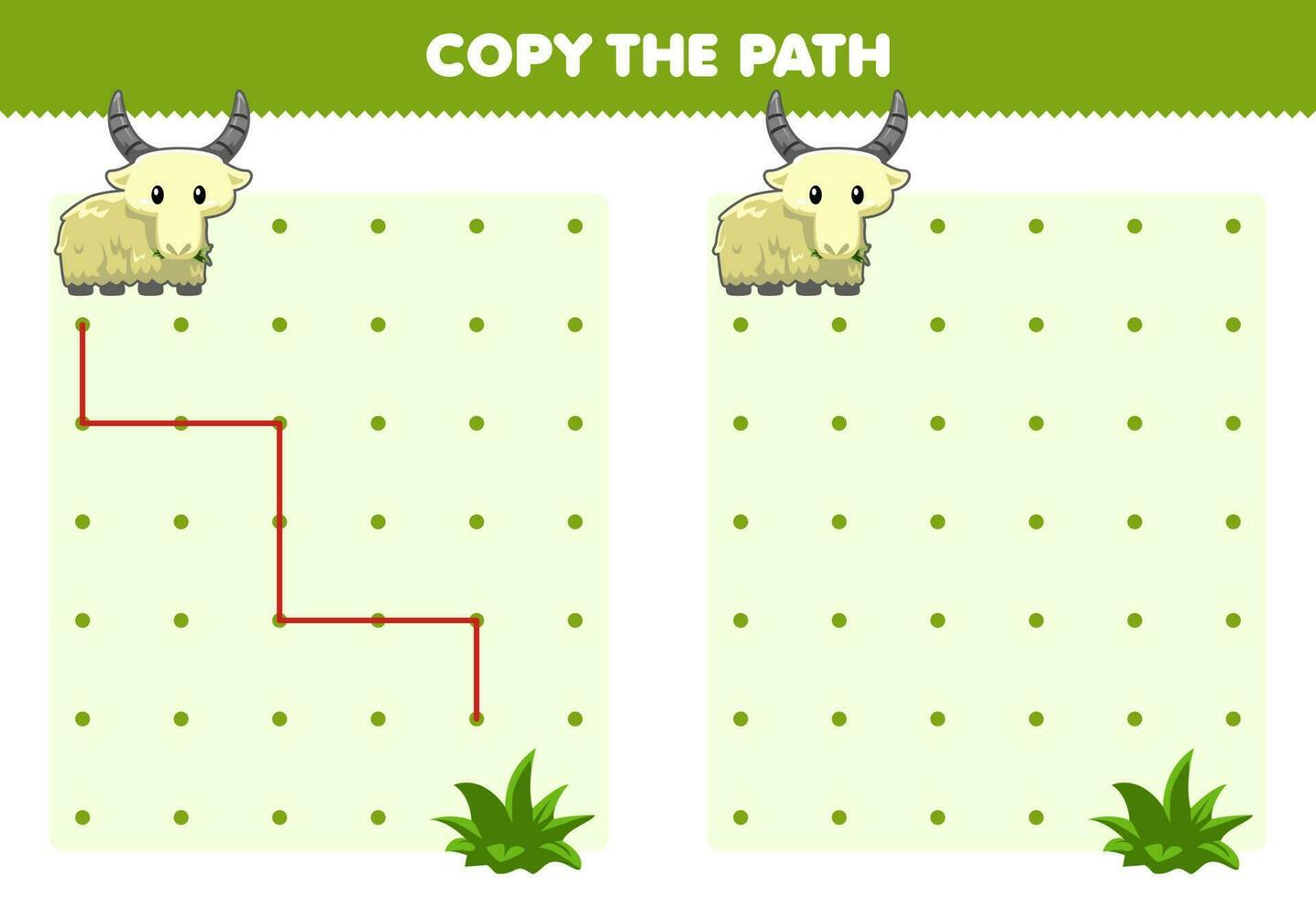 Education game for children copy the path help goat move to the grass printable animal worksheet vector