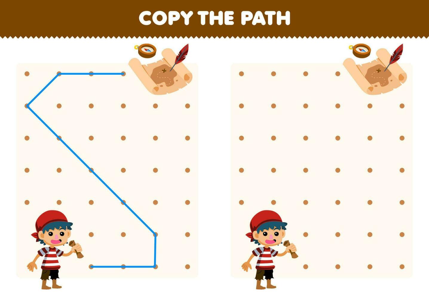 educación juego para niños Copiar el camino ayuda chico moverse a el tesoro mapa imprimible pirata hoja de cálculo vector