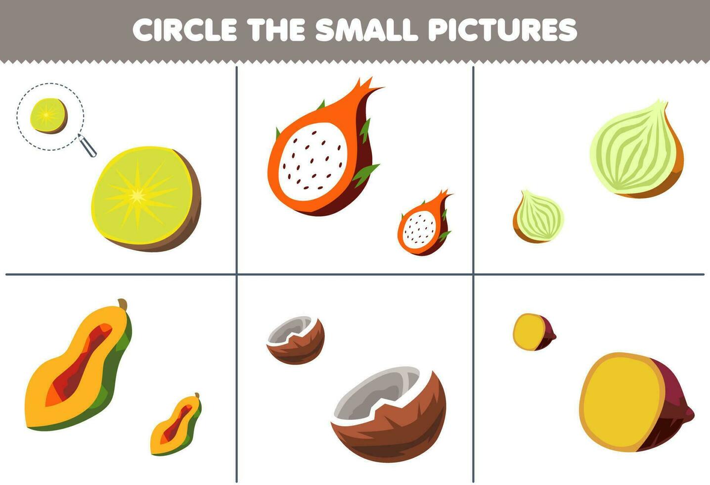 educación juego para niños circulo el pequeño imagen de linda dibujos animados rebanada de kiwi continuar Fruta cebolla papaya Coco batata imprimible hoja de cálculo vector