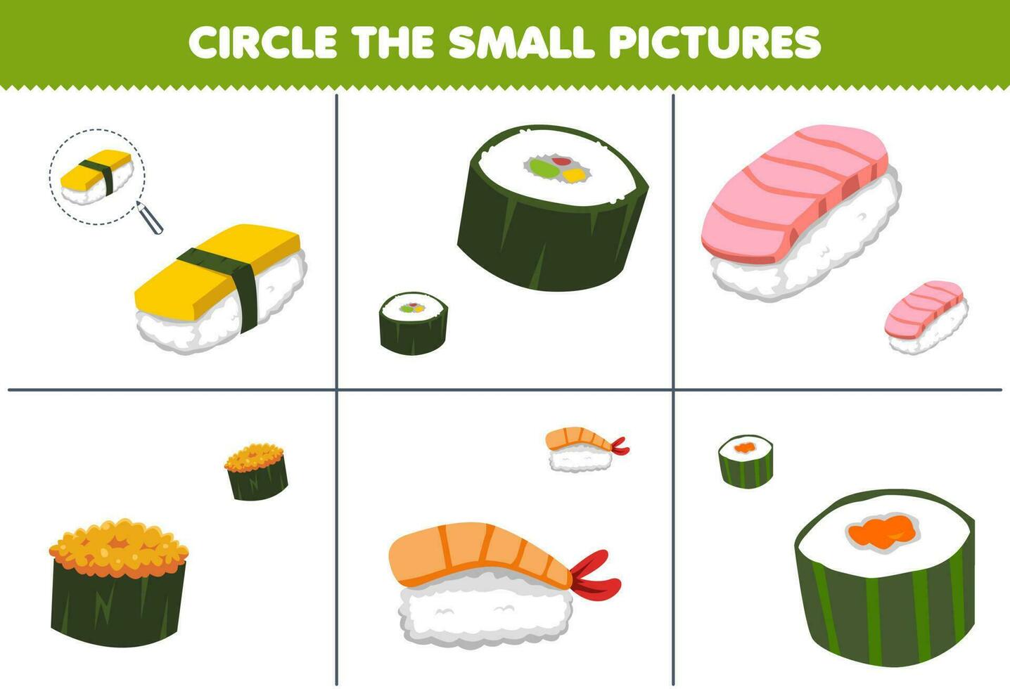 educación juego para niños circulo el pequeño imagen de linda dibujos animados Sushi imprimible comida hoja de cálculo vector