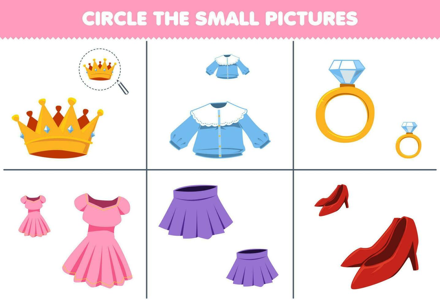 Education game for children choose the small picture of cute cartoon crown blouse ring dress skirt heels printable wearable worksheet vector