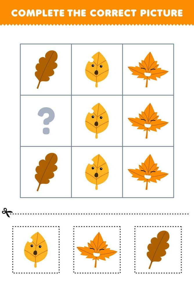 Education game for children to choose and complete the correct picture of a cute cartoon leave printable nature worksheet vector
