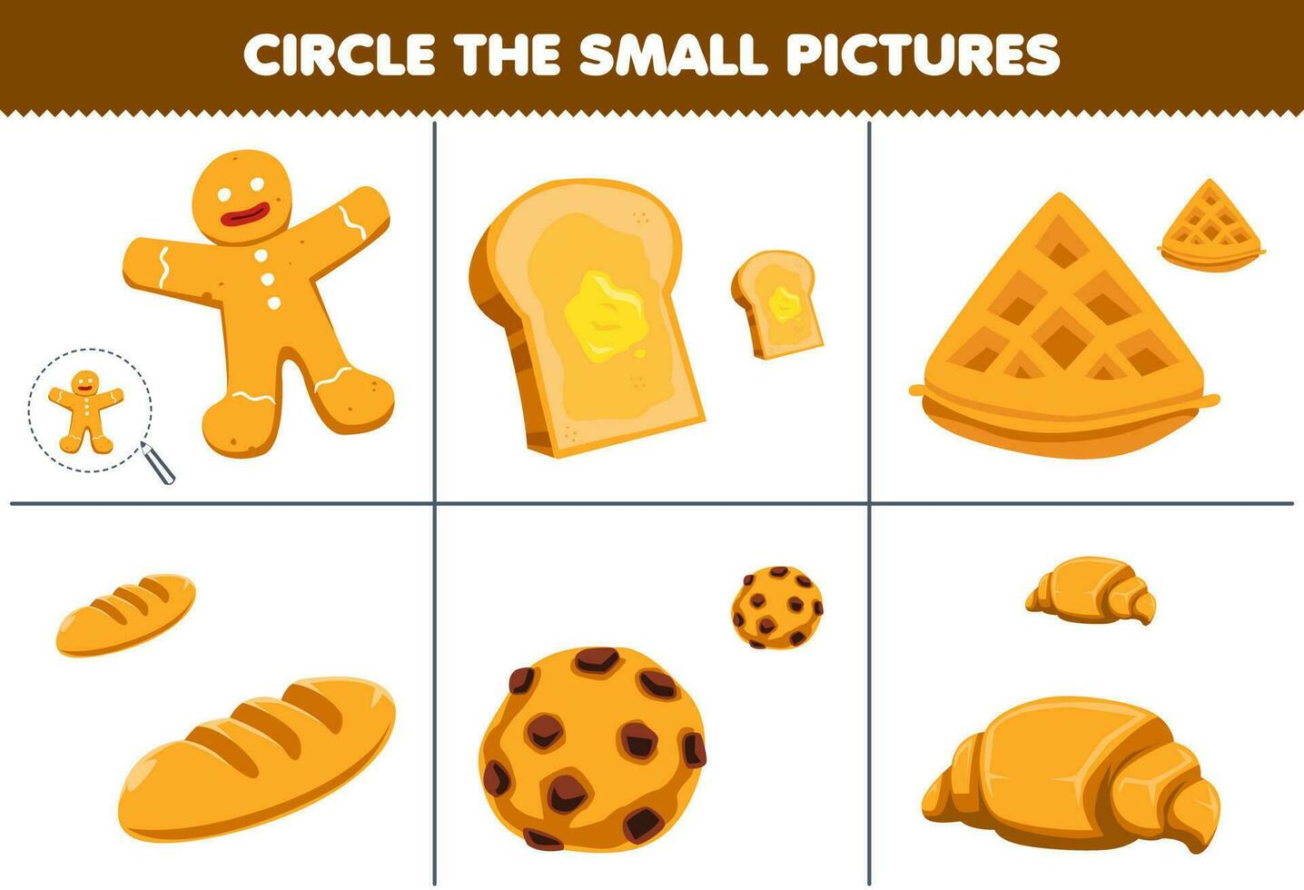 educación juego para niños circulo el pequeño imagen de linda dibujos animados pan de jengibre brindis gofre Galleta cuerno imprimible comida hoja de cálculo vector