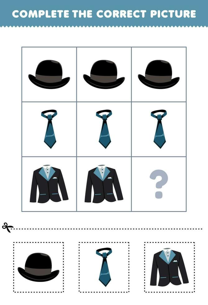 Education game for children to choose and complete the correct picture of a cute cartoon derby hat tie or suit printable wearable worksheet vector