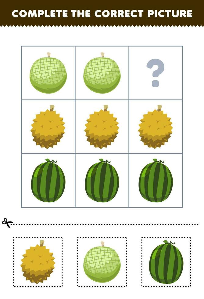 Education game for children to choose and complete the correct picture of a cute cartoon durian melon or watermelon printable fruit worksheet vector