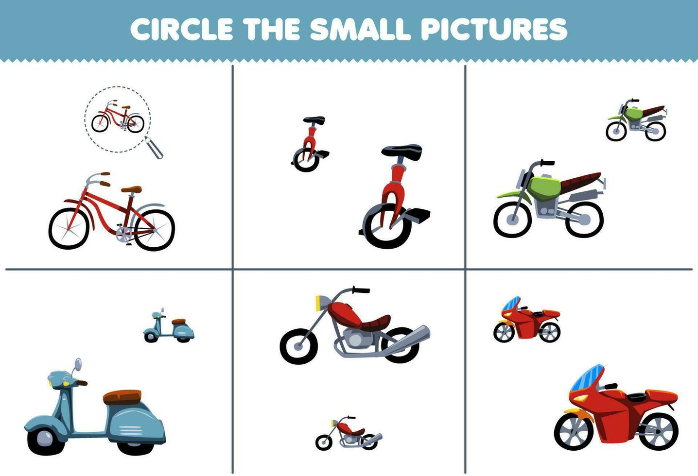 Education game for children circle the small picture of cute cartoon bicycle unicycle motor trail scooter and motor bike printable transportation worksheet vector