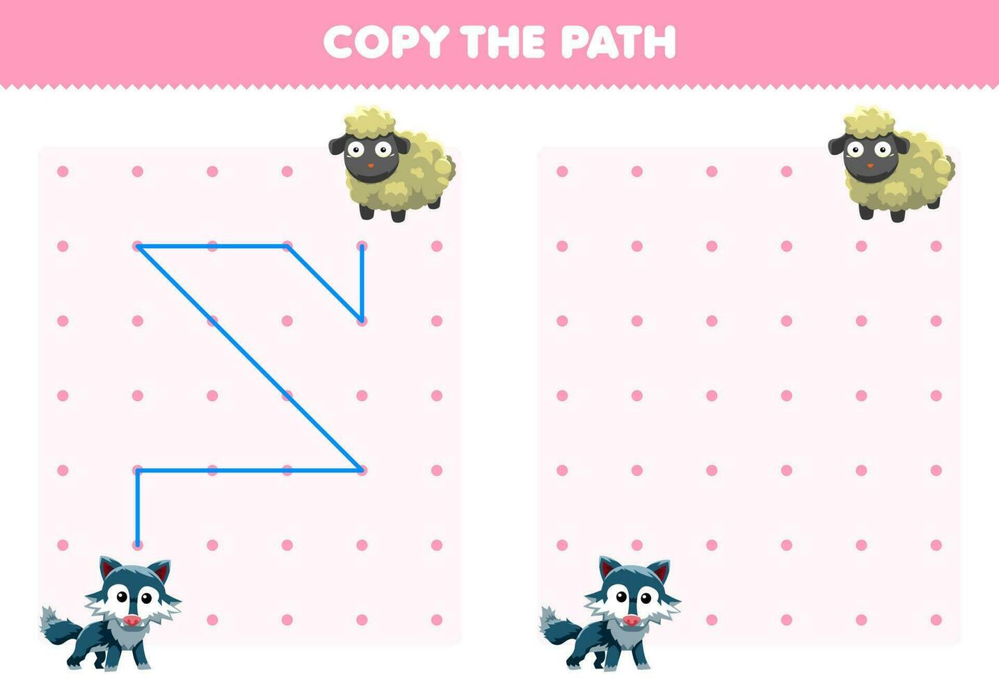 Education game for children copy the path help wolf move to the sheep printable animal worksheet vector