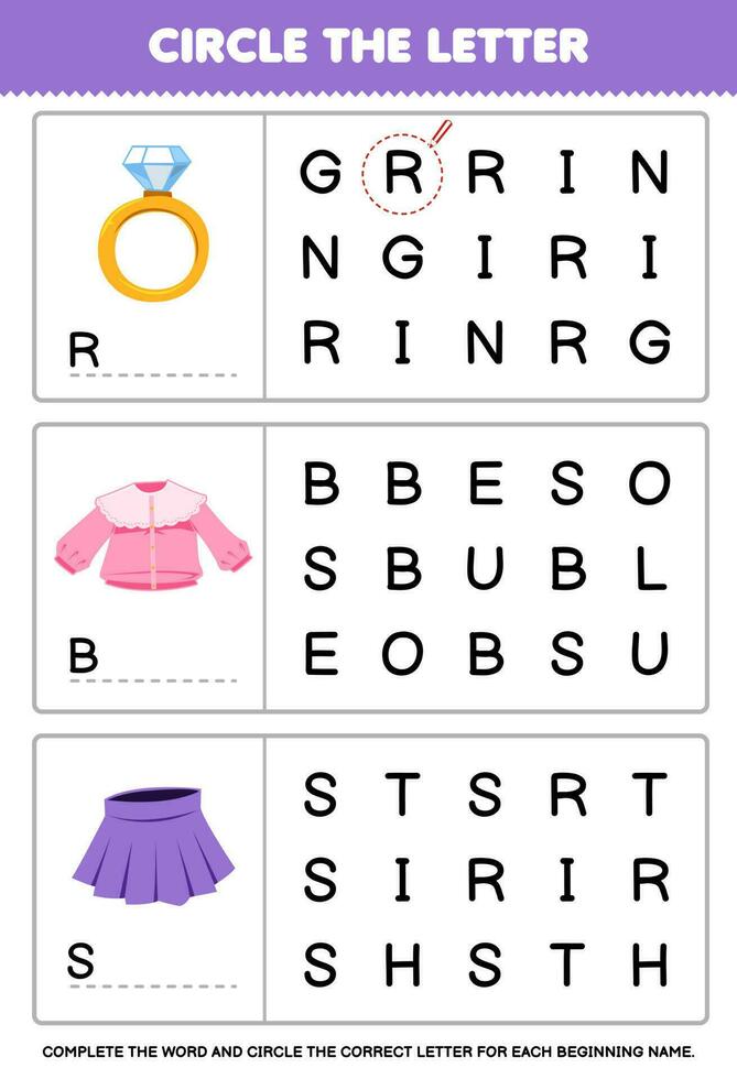 Education game for children circle the beginning letter from cute cartoon ring blouse skirt printable wearable clothes worksheet vector