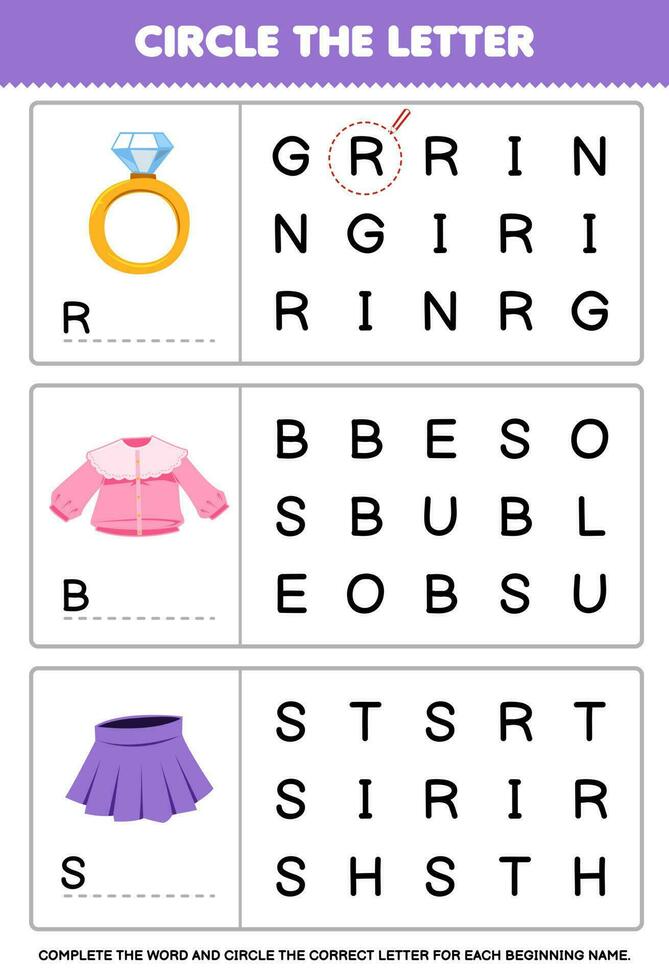 educación juego para niños circulo el comenzando letra desde linda dibujos animados anillo blusa falda imprimible usable ropa hoja de cálculo vector