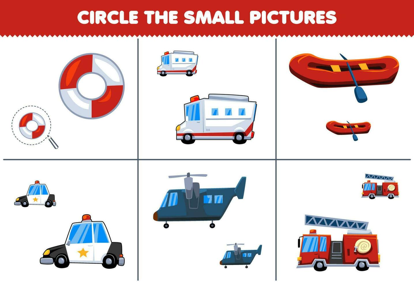 Education game for children circle the small picture of cute cartoon ambulance inflatable boat police car helicopter and firetruck transportation worksheet vector