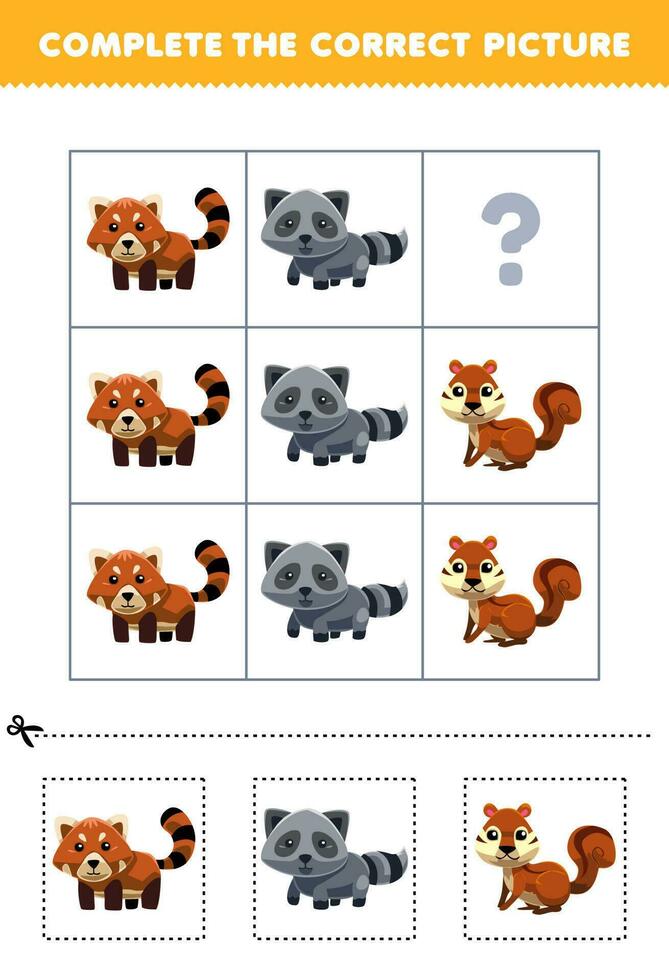 Education game for children to choose and complete the correct picture of a cute cartoon red panda raccoon or squirrel printable animal worksheet vector