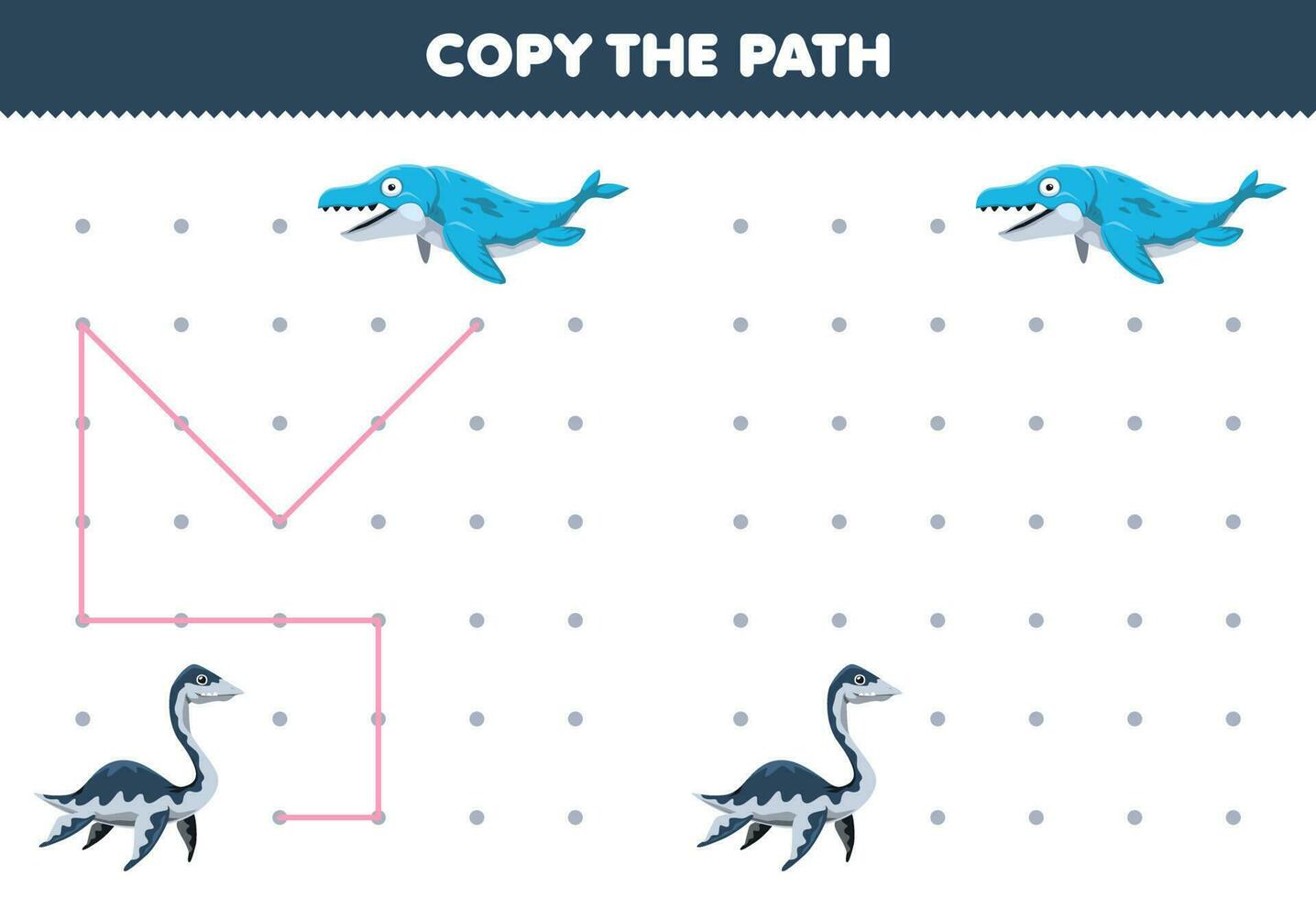 Education game for children copy the path help plesiosaurus move to the mosasaurus printable prehistoric dinosaur worksheet vector