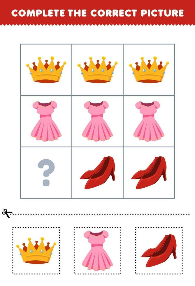 Education game for children to choose and complete the correct picture of a cute cartoon crown dress or heel printable wearable worksheet vector